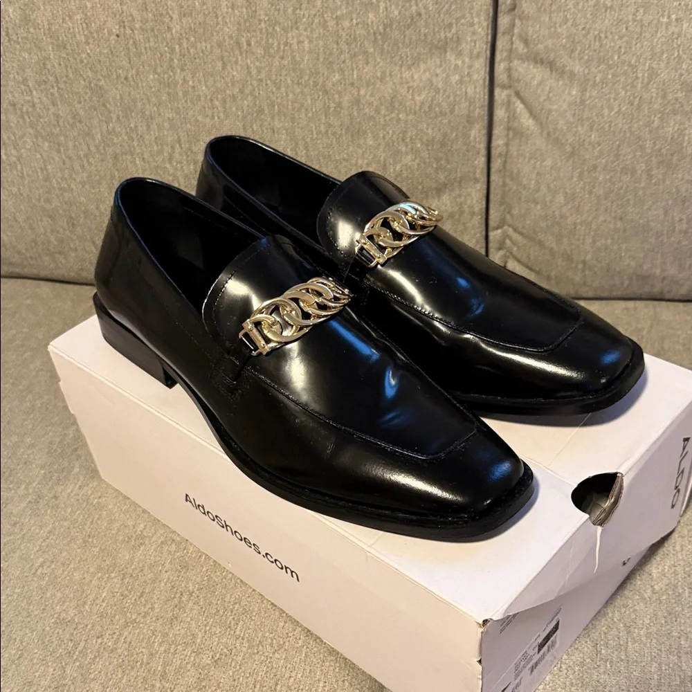 Aldo Black Leather Loafers with Gold Chain Trim